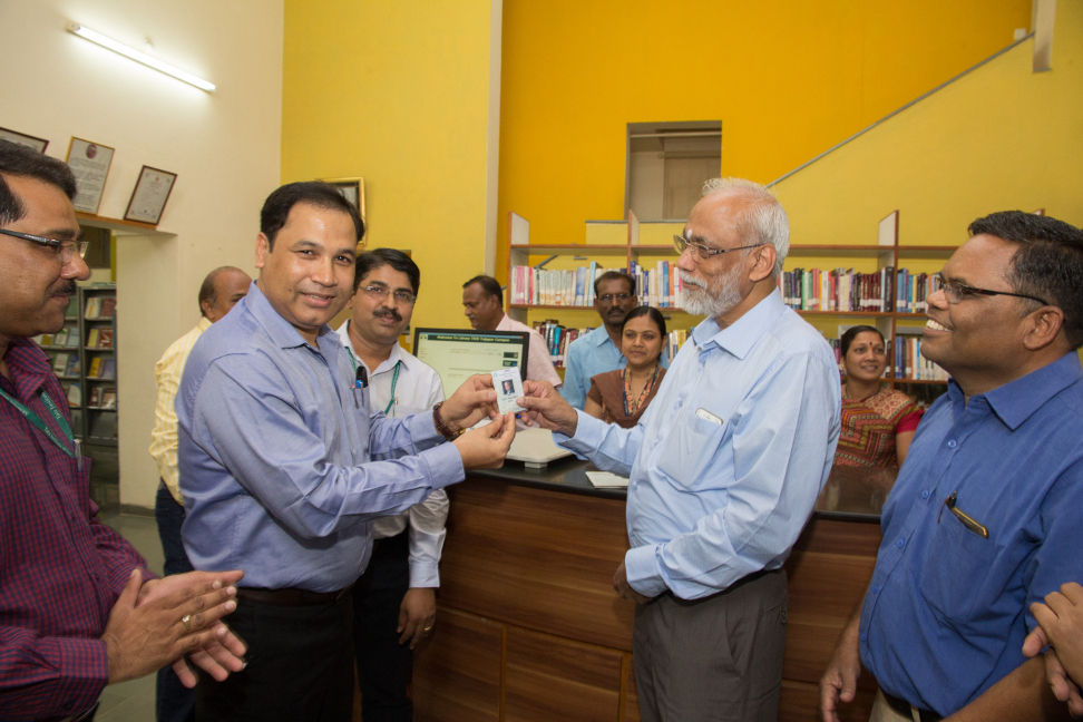 Inauguration of RFID technology at the hands of Prof. S Parasuraman Director TISS Prof. Shaban Presenting Library Smart Card  to Prof. Parasuraman